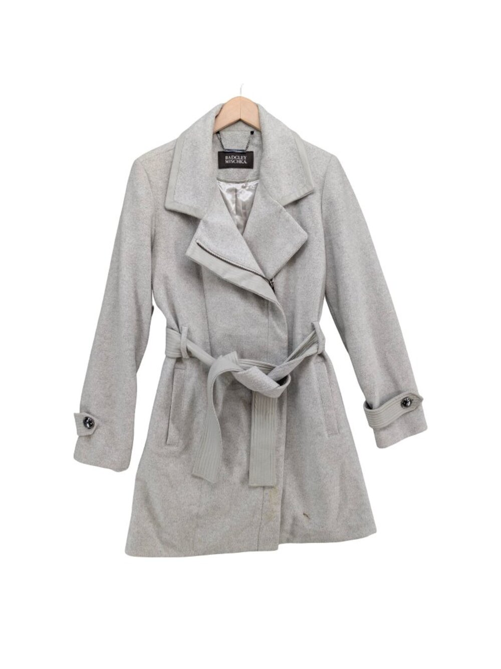 Badgley Mischka Belted Trench Coat Womens Light Grey Wool Blend Jacket Size L